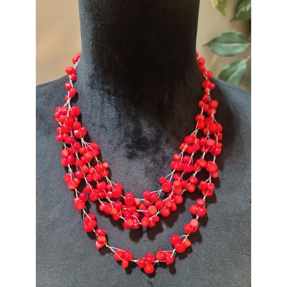 Women's Red Beaded Multi Strand Necklace With Lobster Clasp Handmade Jewelry - Picture 2 of 6